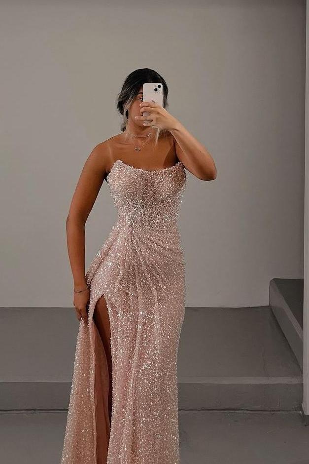 Showprettydess Glamorous Light Pink Sequined Strapless Sleeveless Long Prom Dress with Split-showprettydress