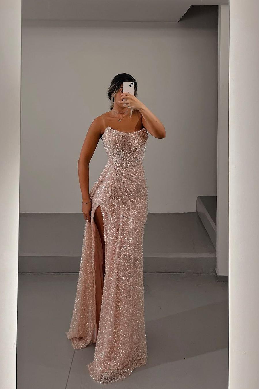 Showprettydess Glamorous Light Pink Sequined Strapless Sleeveless Long Prom Dress with Split-showprettydress