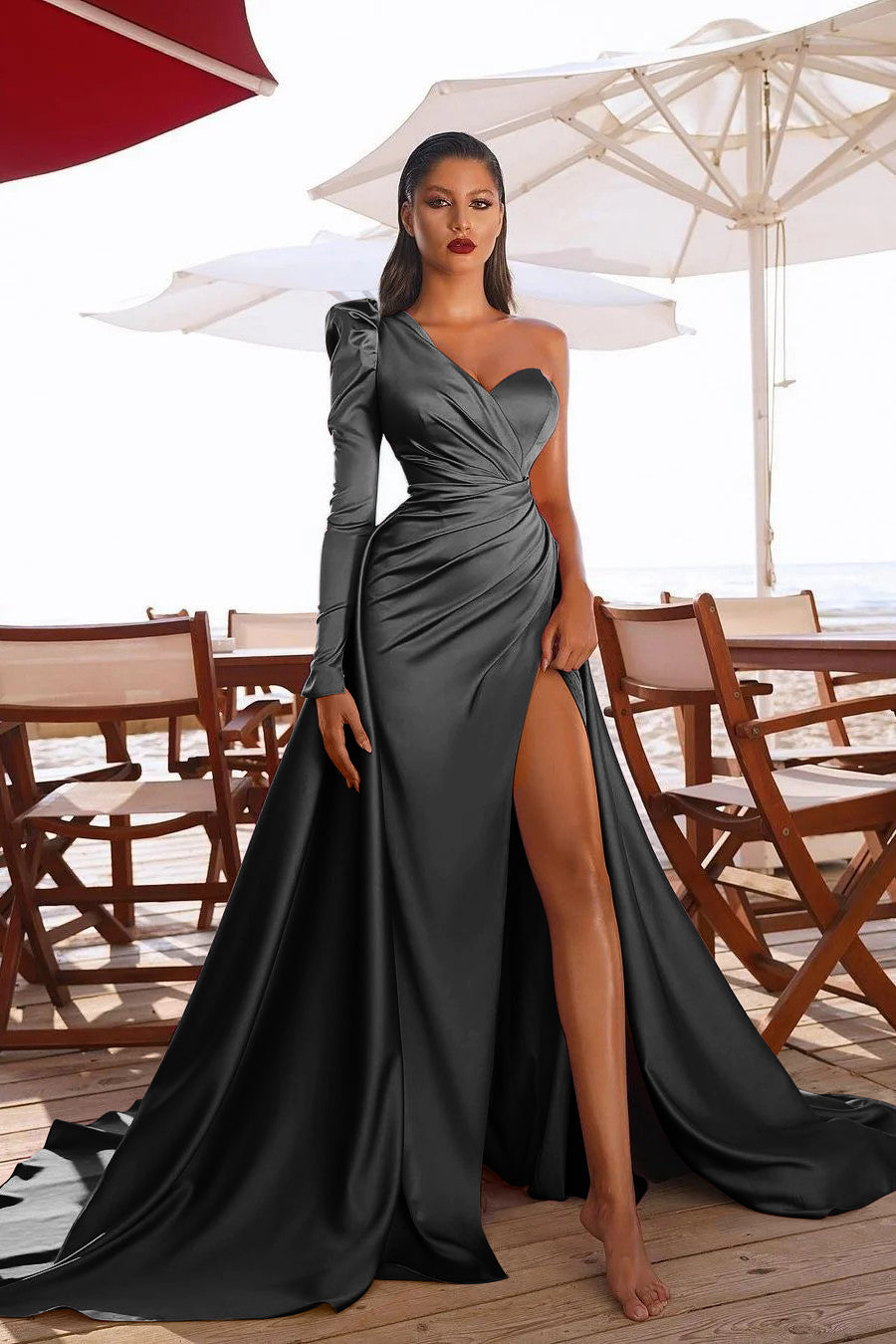 Showprettydess Glamorous One-Shoulder Long Sleeve Prom Dress with Split-showprettydress