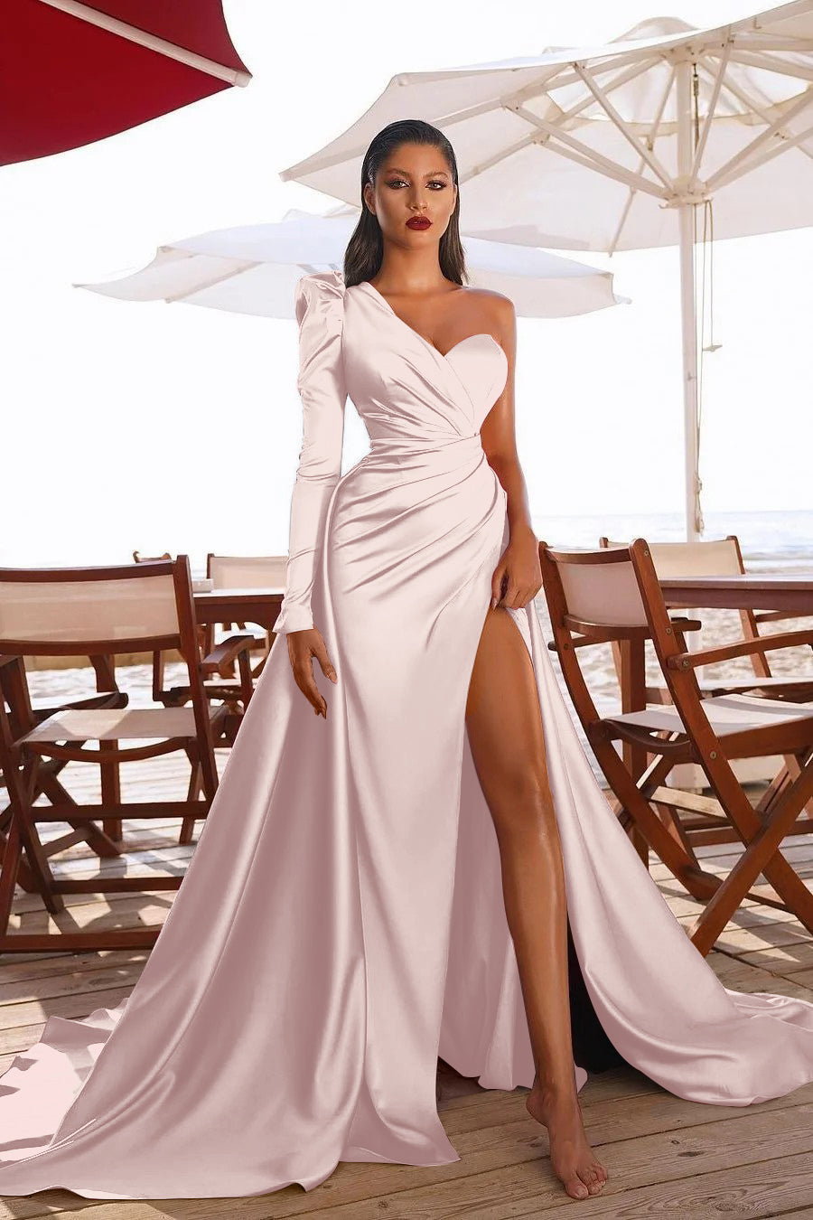 Showprettydess Glamorous One-Shoulder Long Sleeve Prom Dress with Split-showprettydress