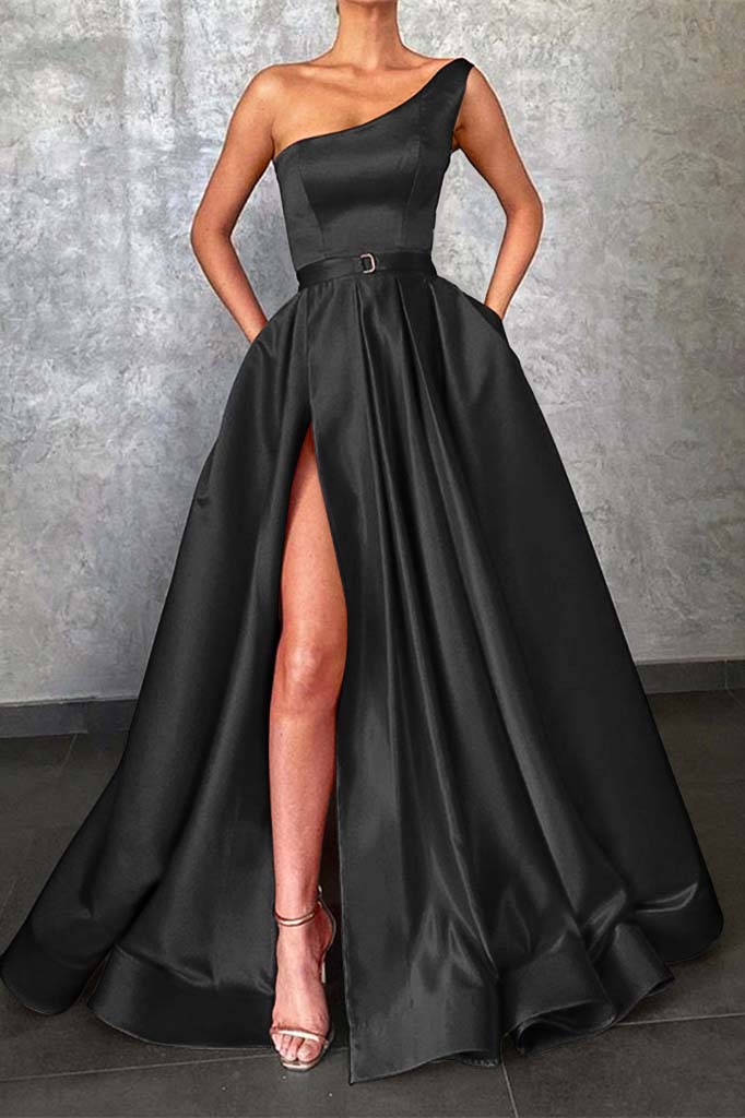 Showprettydess Glamorous One-Shoulder Red Prom Dress with Split & Pockets-showprettydress