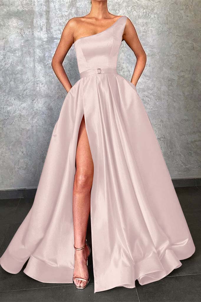 Showprettydess Glamorous One-Shoulder Red Prom Dress with Split & Pockets-showprettydress