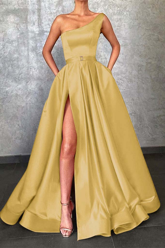 Showprettydess Glamorous One-Shoulder Red Prom Dress with Split & Pockets-showprettydress