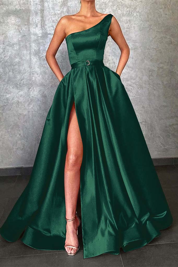 Showprettydess Glamorous One-Shoulder Red Prom Dress with Split & Pockets-showprettydress