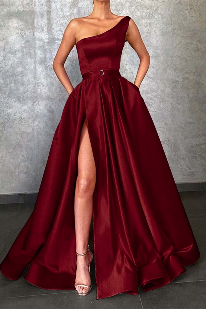 Showprettydess Glamorous One-Shoulder Red Prom Dress with Split & Pockets-showprettydress