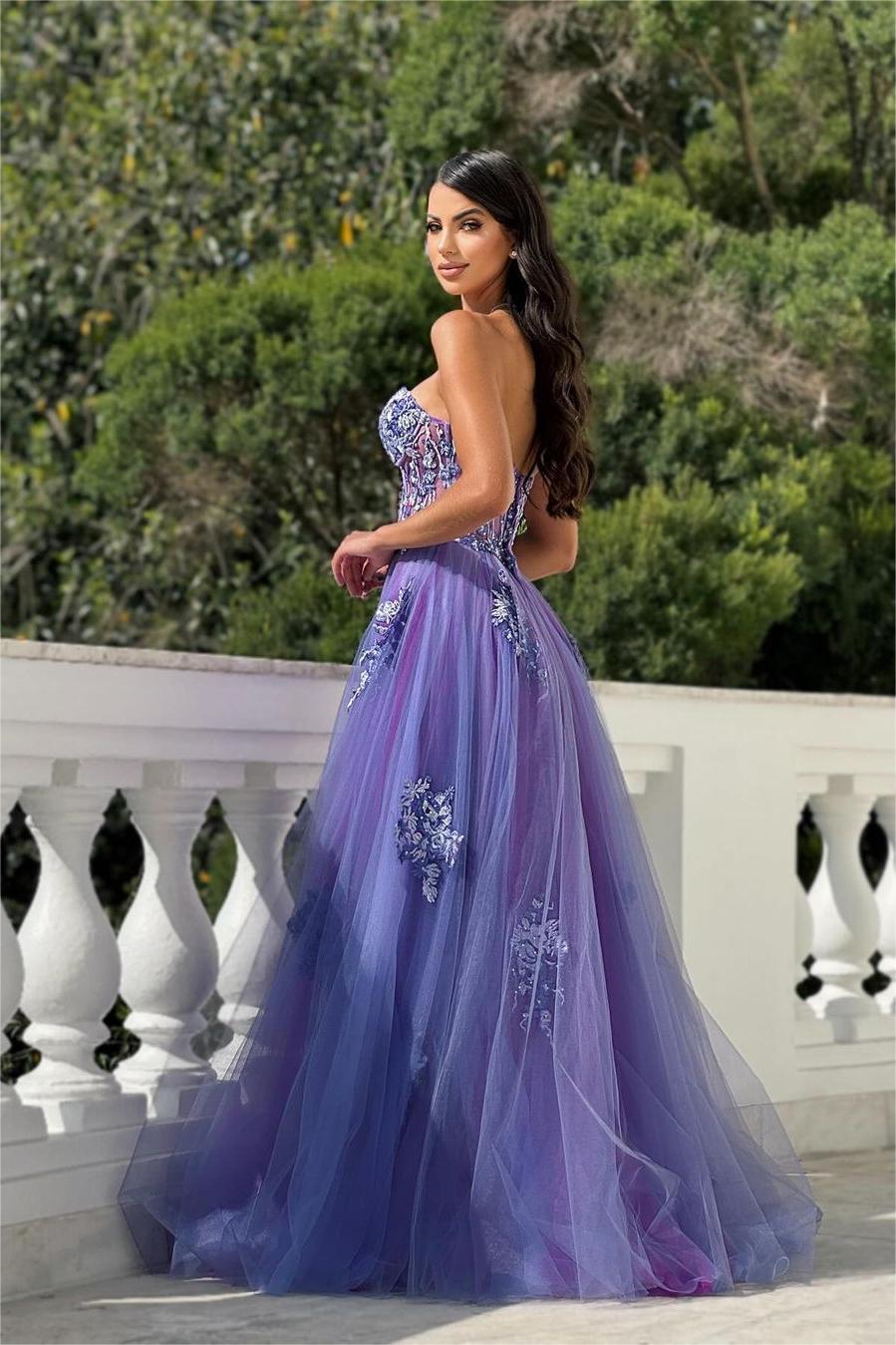 Showprettydess Glamorous Purple Tulle Strapless Sleeveless Prom Dress with Beadings & Appliques & Split-showprettydress