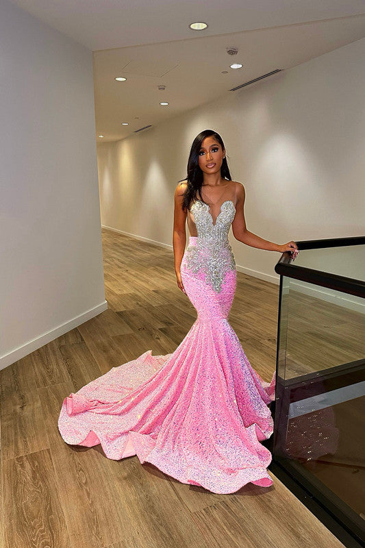 Showprettydess Glamorous Silver & Pink V-Neck Mermaid Prom Dress with Sleeveless Design & Leaky Back-showprettydress
