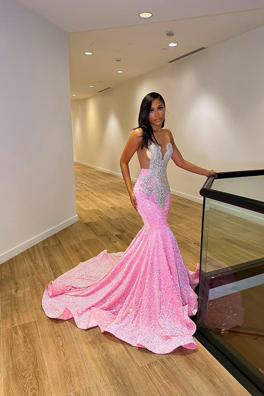 Showprettydess Glamorous Silver & Pink V-Neck Mermaid Prom Dress with Sleeveless Design & Leaky Back-showprettydress