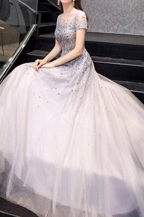 Showprettydess Gorgeous Long Prom Dress with Short Sleeves & Sequins-showprettydress