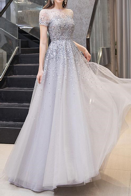 Showprettydess Gorgeous Long Prom Dress with Short Sleeves & Sequins-showprettydress