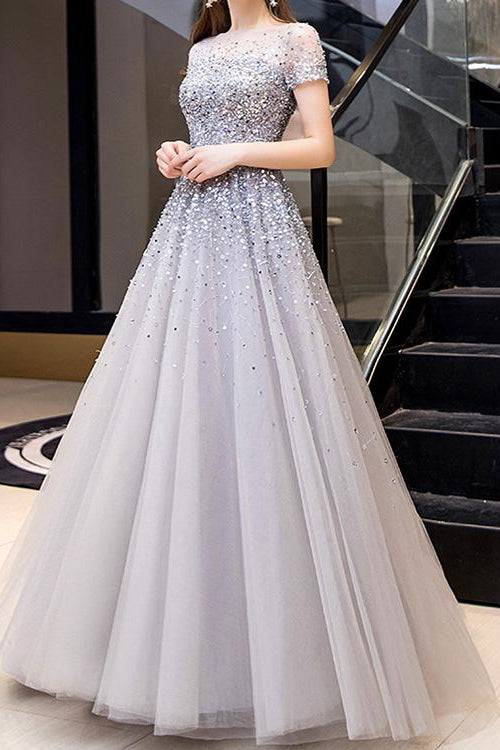 Showprettydess Gorgeous Long Prom Dress with Short Sleeves & Sequins-showprettydress
