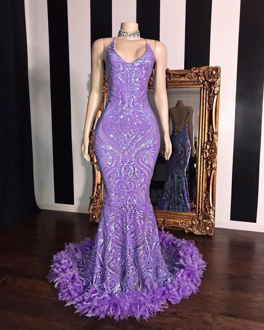 Showprettydess Gorgeous Mermaid Sleeveless Sequined Lace Prom Dress with Feathers-showprettydress