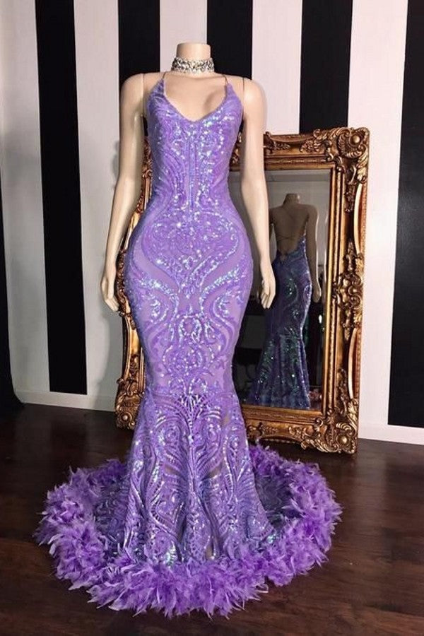 Showprettydess Gorgeous Mermaid Sleeveless Sequined Lace Prom Dress with Feathers-showprettydress