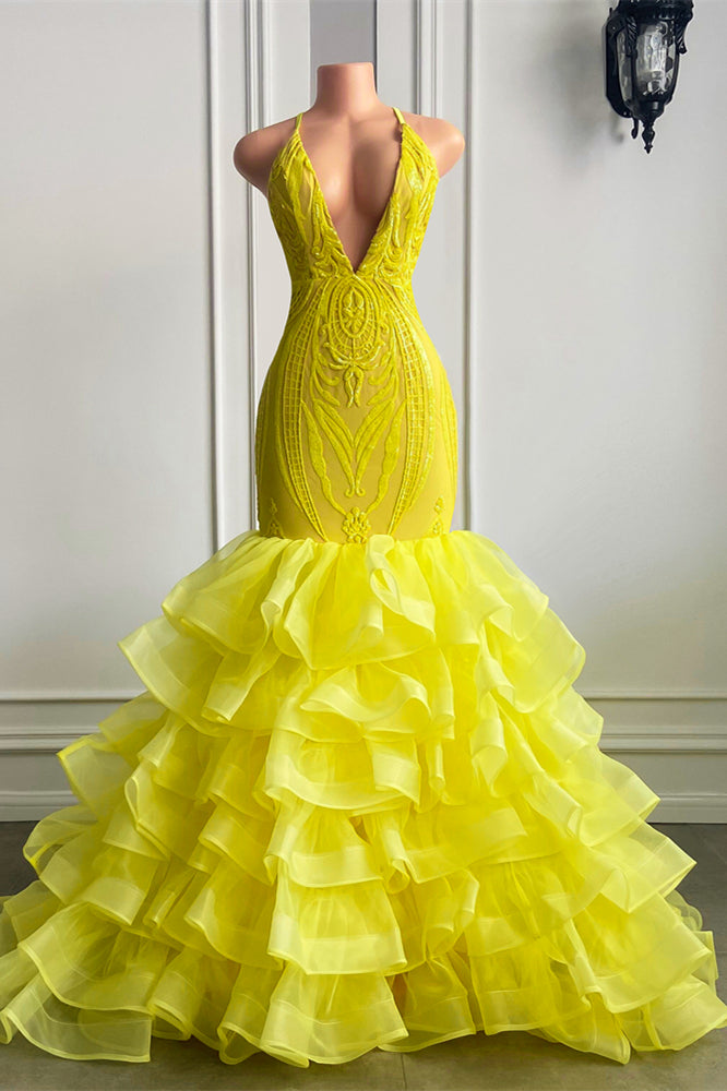 Showprettydess Halter Bright Yellow V-Neck Mermaid Lace Prom Dress with Ruffles-showprettydress