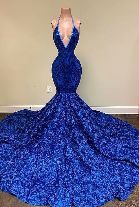 Showprettydess Halter Royal Blue Sleeveless Sequined Prom Dress Mermaid with Flower Bottom-showprettydress