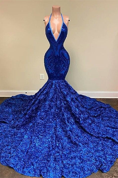 Showprettydess Halter Royal Blue Sleeveless Sequined Prom Dress Mermaid with Flower Bottom-showprettydress