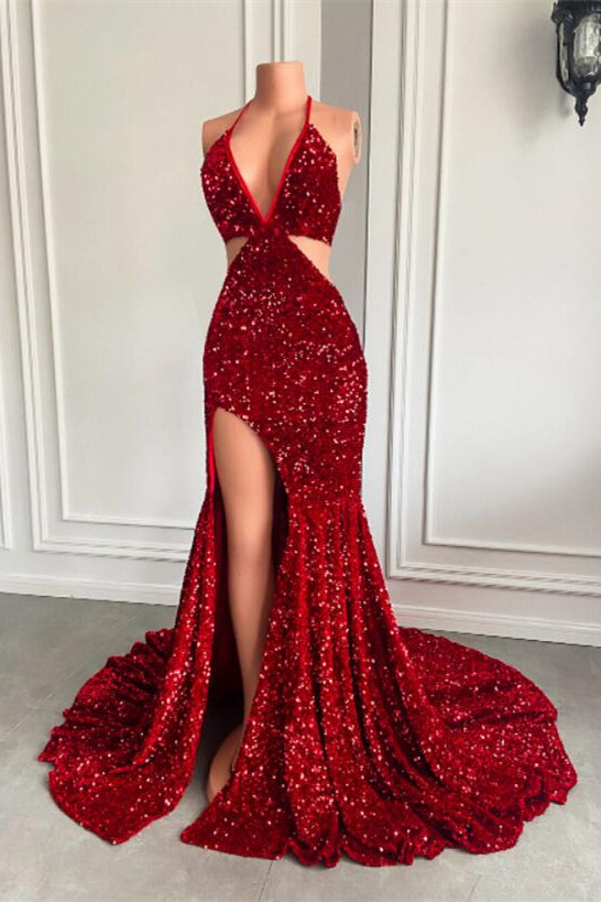Showprettydess Halter Wine Red Sequined Mermaid Prom Dress with Split-showprettydress