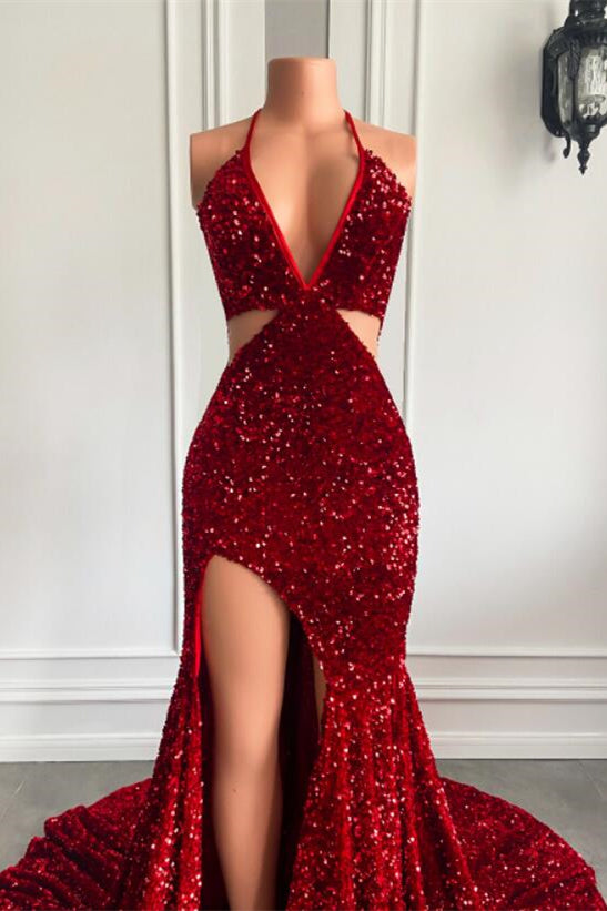 Showprettydess Halter Wine Red Sequined Mermaid Prom Dress with Split-showprettydress