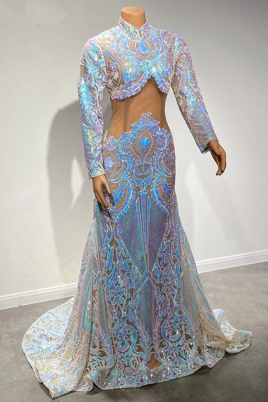 Showprettydess High Neck Mermaid Long Sleeves Prom Dress with Sequins & Lace-showprettydress