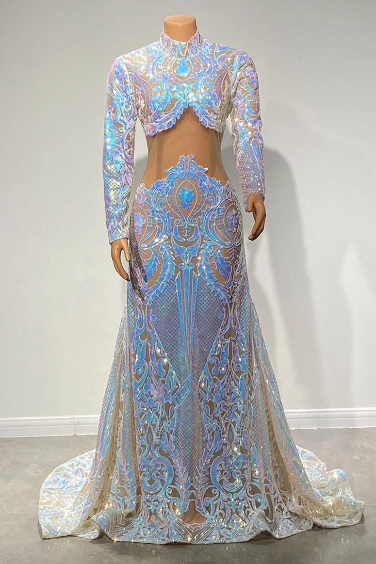 Showprettydess High Neck Mermaid Long Sleeves Prom Dress with Sequins & Lace-showprettydress