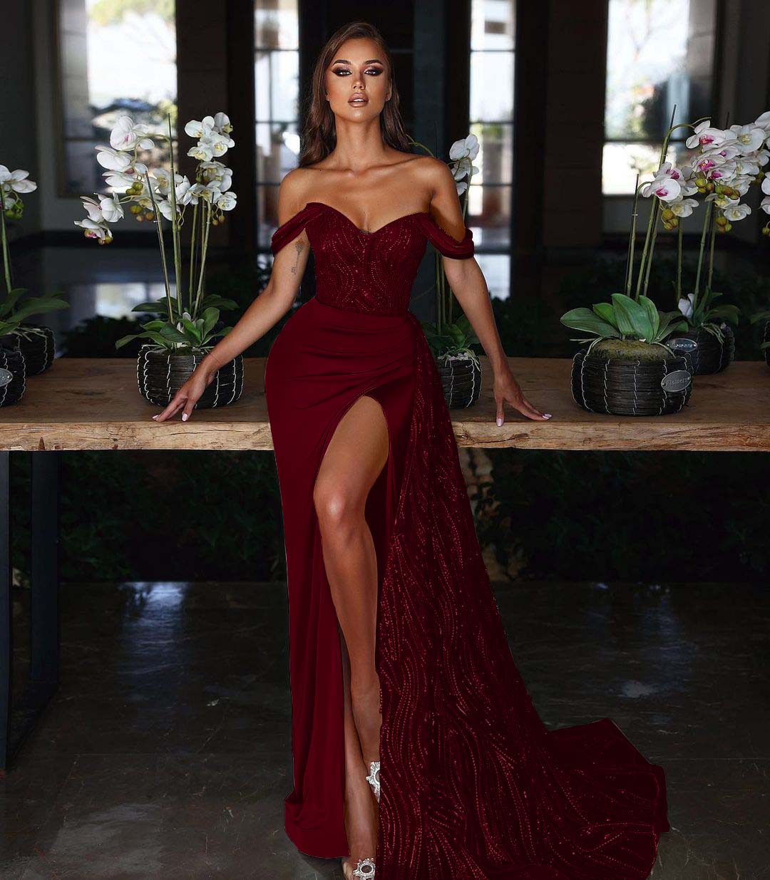 Showprettydess Light Blue Off-the-Shoulder Mermaid Evening Dress with Long Slit & Sequins & Ruffles-showprettydress