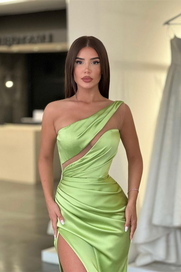 Showprettydess Light Green One-Shoulder Long Sleeveless Slit Evening Dress-showprettydress