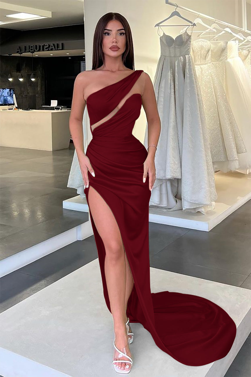 Showprettydess Light Green One-Shoulder Long Sleeveless Slit Evening Dress-showprettydress