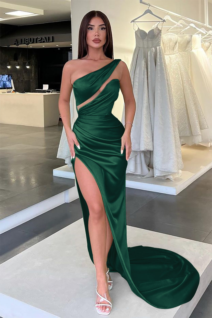 Showprettydess Light Green One-Shoulder Long Sleeveless Slit Evening Dress-showprettydress