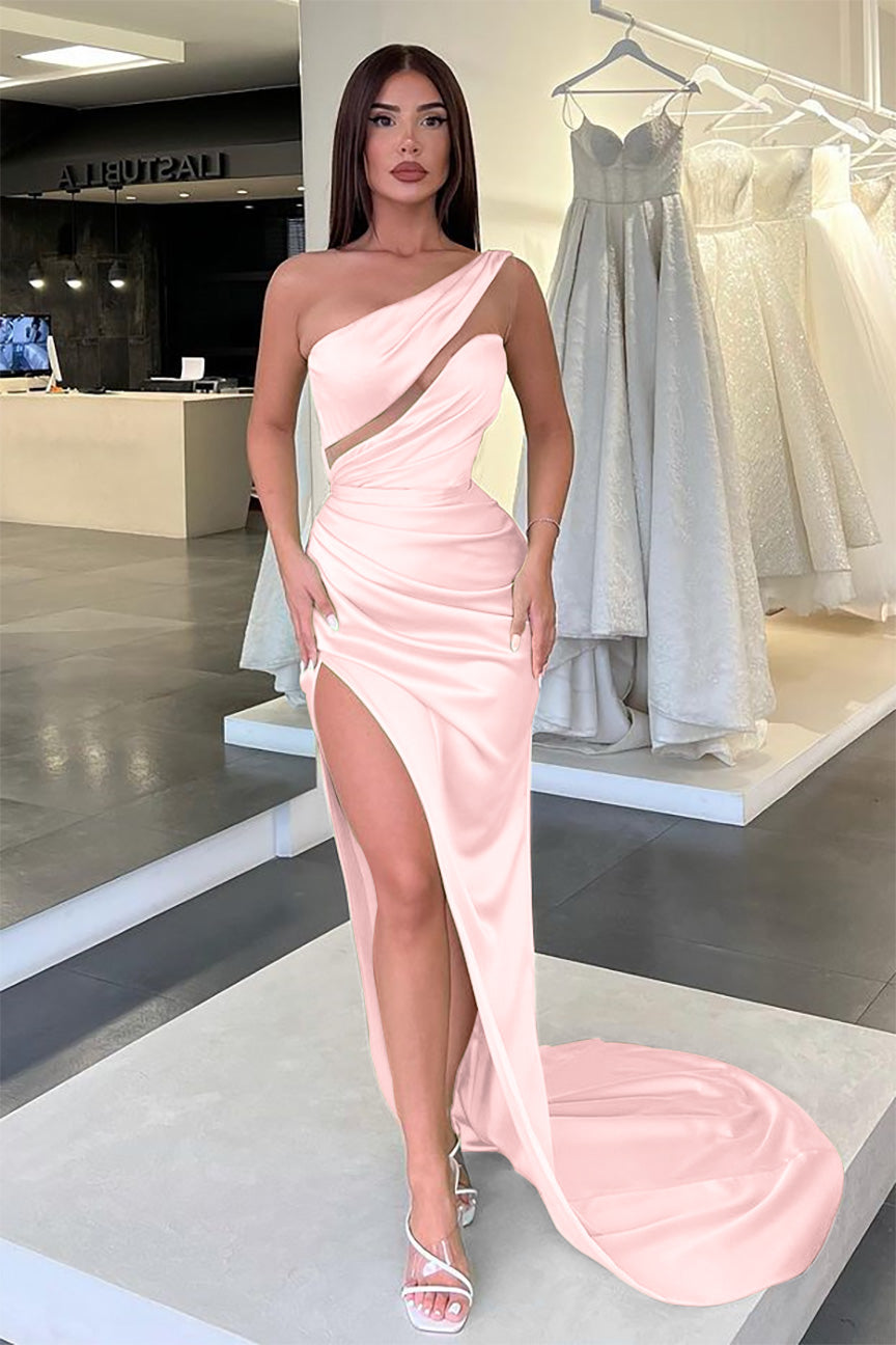 Showprettydess Light Green One-Shoulder Long Sleeveless Slit Evening Dress-showprettydress