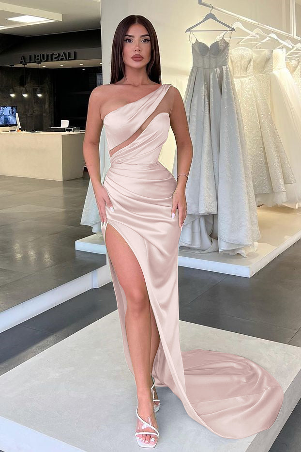 Showprettydess Light Green One-Shoulder Long Sleeveless Slit Evening Dress-showprettydress