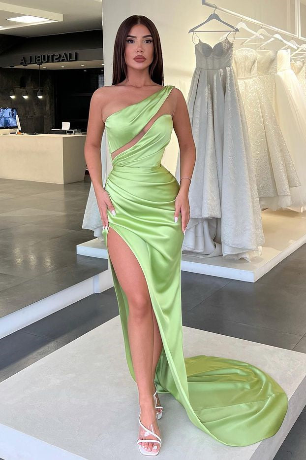 Showprettydess Light Green One-Shoulder Long Sleeveless Slit Evening Dress-showprettydress