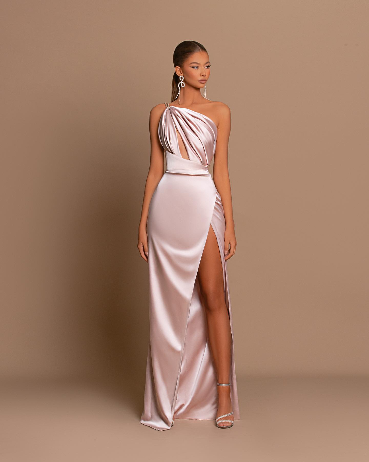 Showprettydess Light Pink One-Shoulder Mermaid Prom Dress with Split for Parties-showprettydress