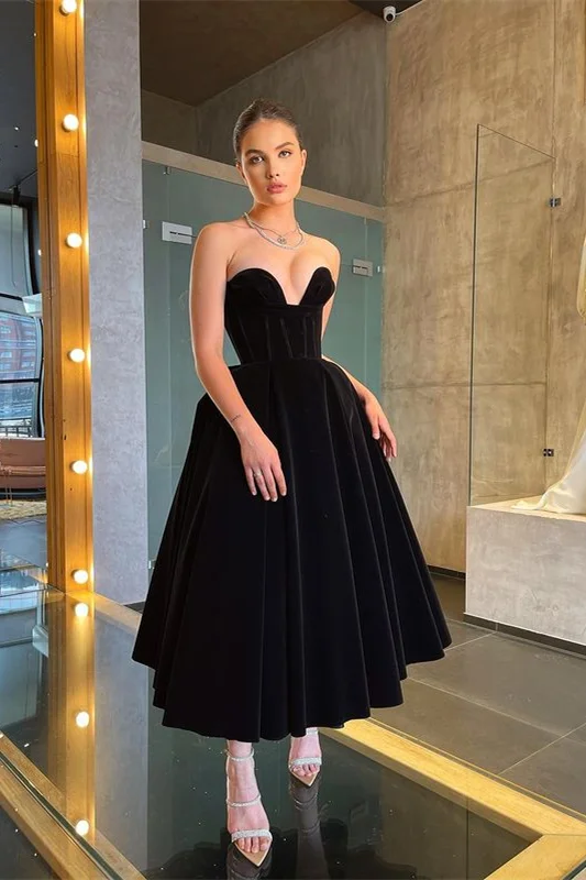 Showprettydess Long Black Little Black Dress, Tea-Length Prom Dress-showprettydress