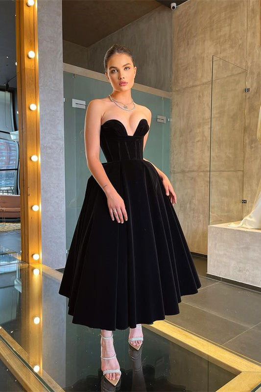Showprettydess Long Black Little Black Dress, Tea-Length Prom Dress-showprettydress