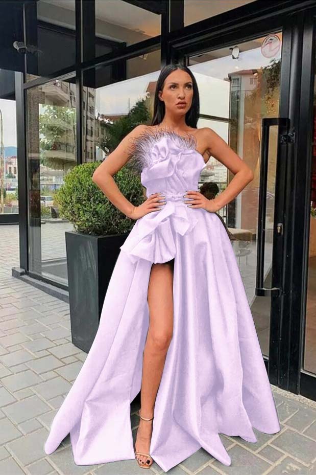 Showprettydess Long Black Prom Dress with Split & Feather-showprettydress