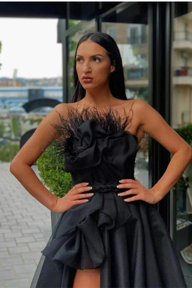Showprettydess Long Black Prom Dress with Split & Feather-showprettydress