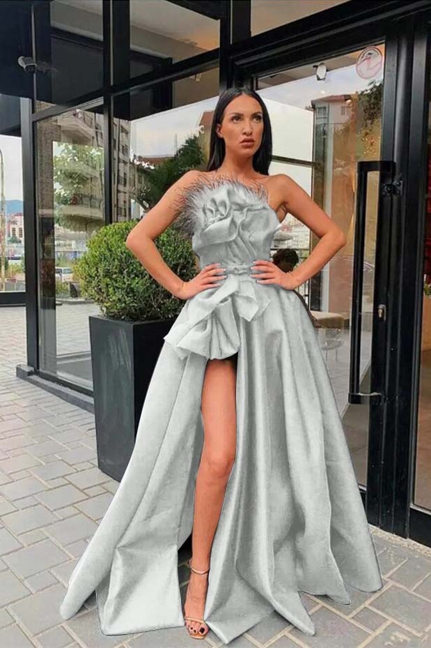 Showprettydess Long Black Prom Dress with Split & Feather-showprettydress