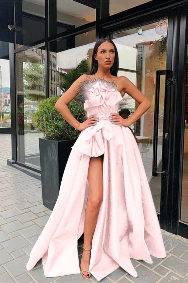 Showprettydess Long Black Prom Dress with Split & Feather-showprettydress