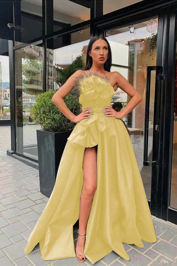 Showprettydess Long Black Prom Dress with Split & Feather-showprettydress