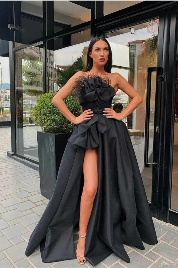Showprettydess Long Black Prom Dress with Split & Feather-showprettydress