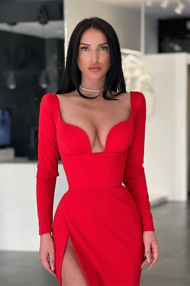 Showprettydess Long Sleeve Red Sweetheart Mermaid Prom Dress with Long Split-showprettydress