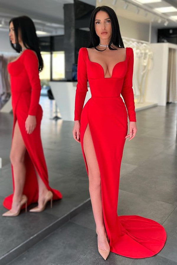 Showprettydess Long Sleeve Red Sweetheart Mermaid Prom Dress with Long Split-showprettydress