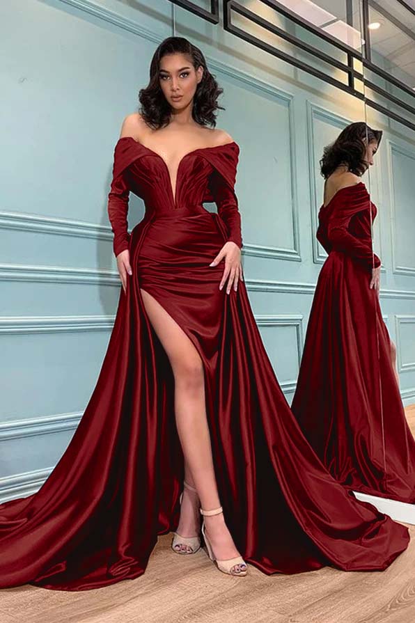 Showprettydess Long Sleeves Burgundy Evening Mermaid Dress-showprettydress