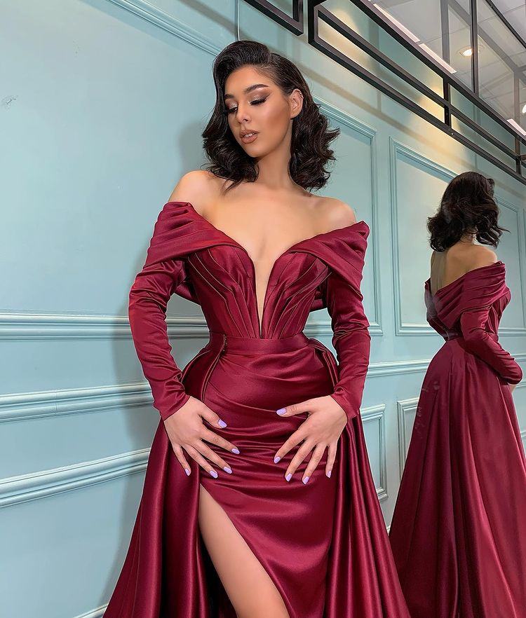 Showprettydess Long Sleeves Burgundy Evening Mermaid Dress-showprettydress