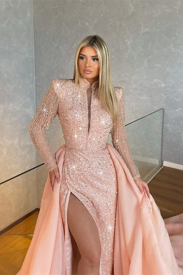 Showprettydess Long Sleeves High Collar Sequined Light Pink Mermaid Evening Dress with Split-showprettydress