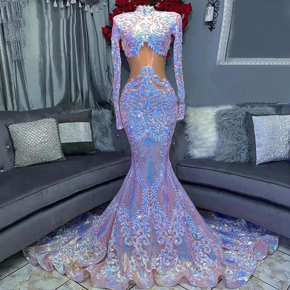 Showprettydess Long Sleeves High Neck Mermaid Prom Dress with Sequins & Lace-showprettydress
