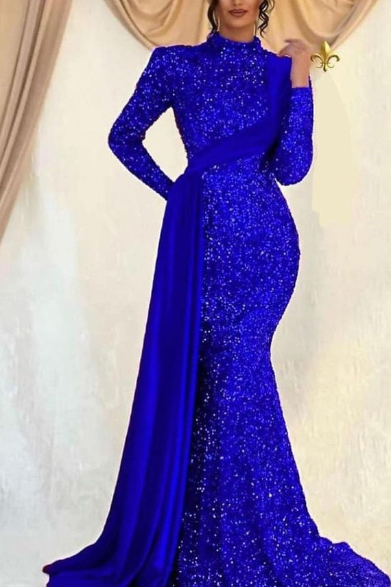 Showprettydess Long Sleeves Mermaid Sequined Prom Dress with High Collar & Ruffles-showprettydress
