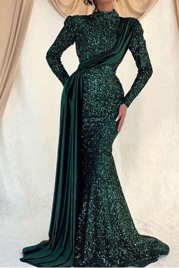 Showprettydess Long Sleeves Mermaid Sequined Prom Dress with High Collar & Ruffles-showprettydress
