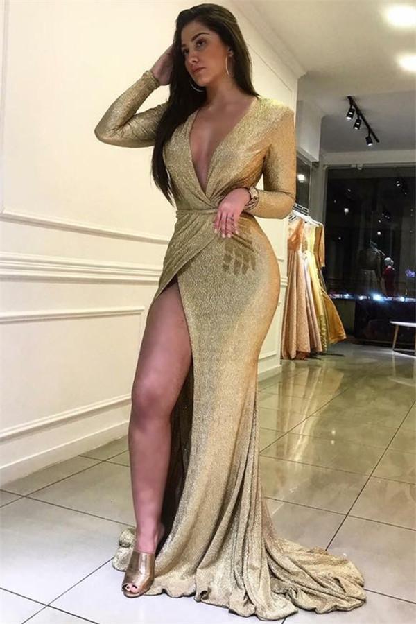 Showprettydess Long Sleeves Modern V-Neck Prom Dress with Slit-showprettydress