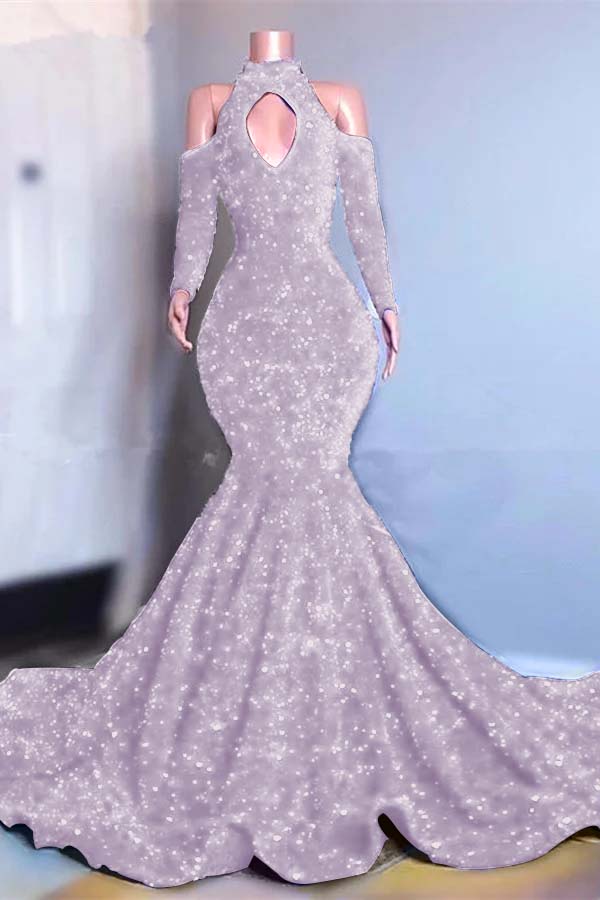 Showprettydess Long Sleeves Royal Blue High Collar Mermaid Prom Dress with Sequins-showprettydress